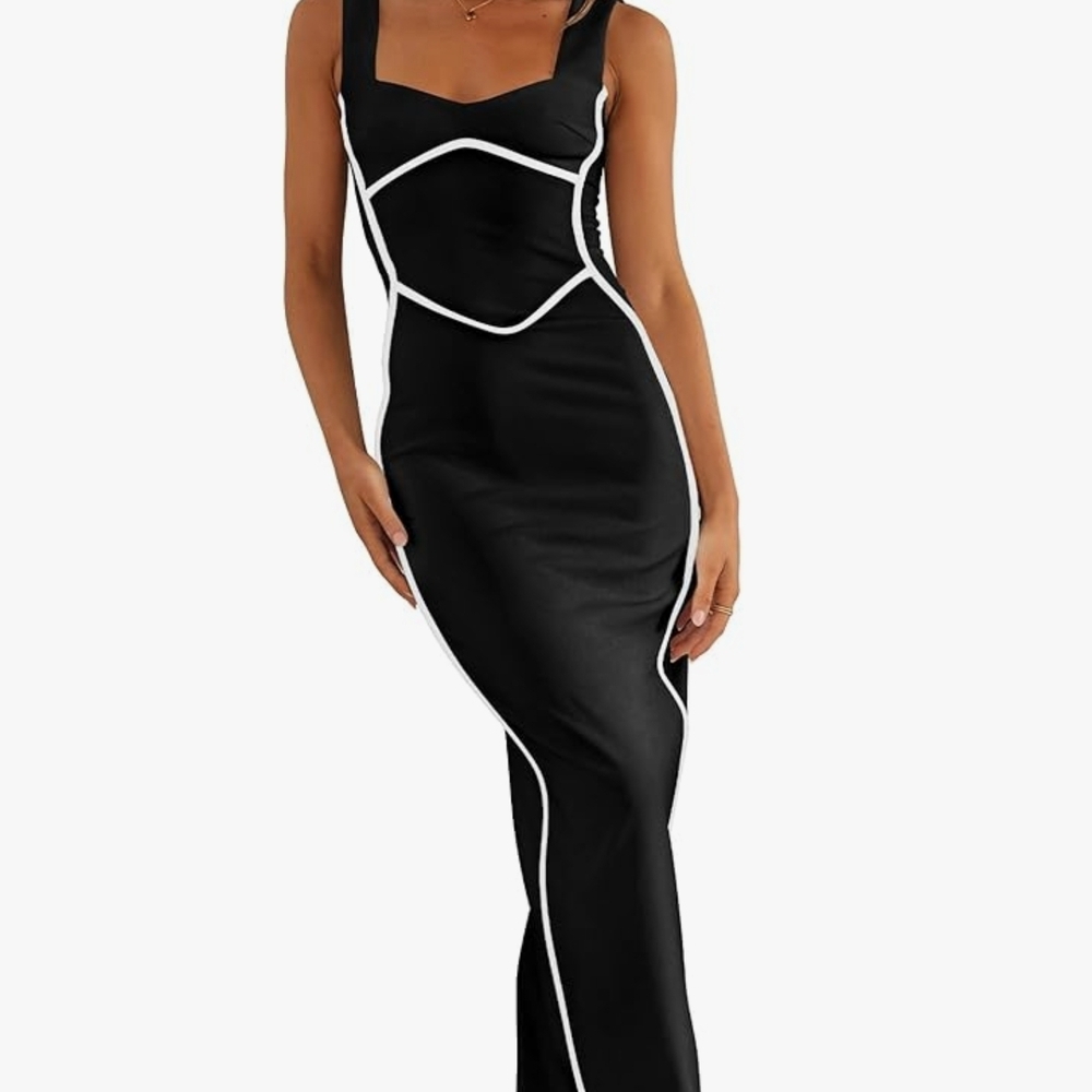 BTFBM Women Maxi Bodycon Dresses Square Neck Sleeveless Contrast Binding Split C